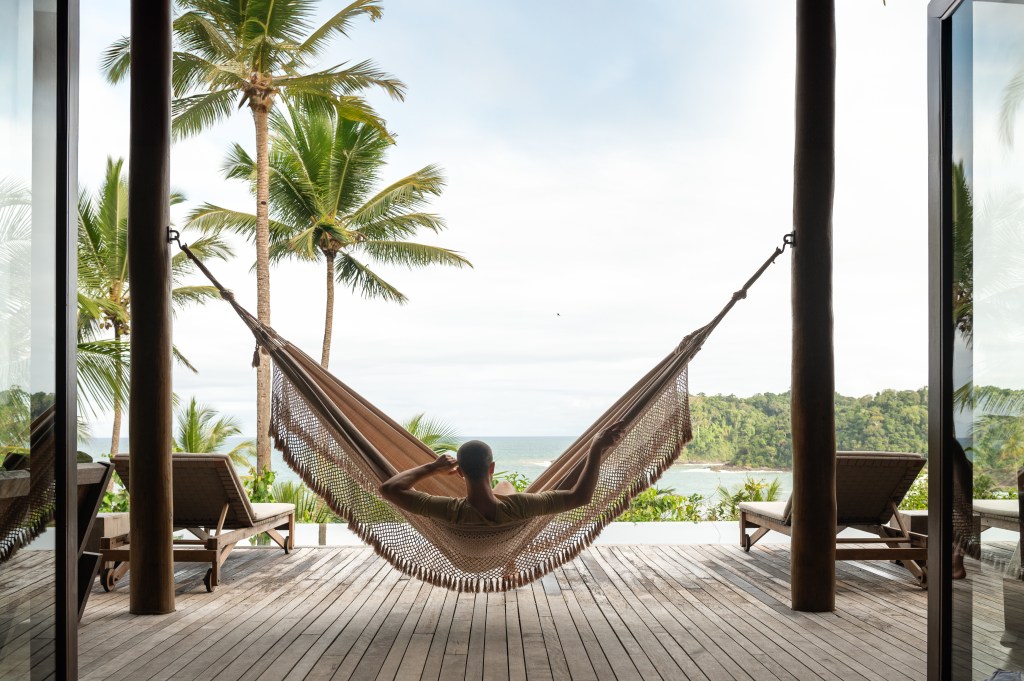 Hammock, ocean view, palm trees, lounge chairs, infinity pool, outdoor space with a view