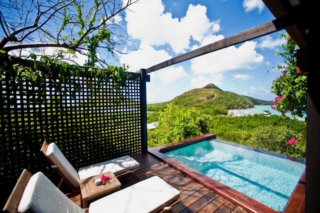 Pool Suite at Hermitage Bay, SLH Antigua, Lounge chairs, poolside, coastal view, plunge pool