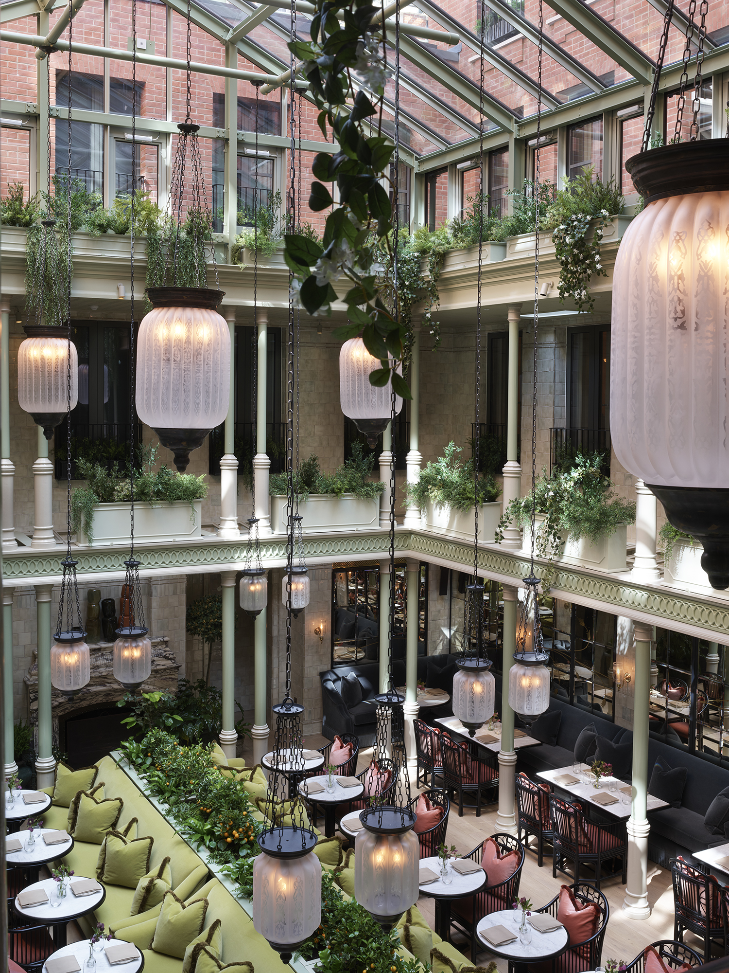 NoMad London - Simon Upton Interiors & Portraits, Restaurant, Windows, plants, balcony