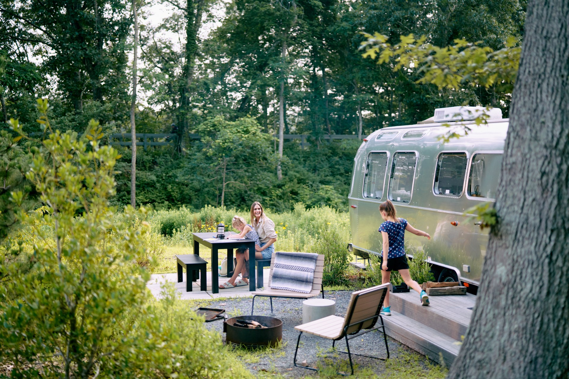 Camper, picnic table, family vacation, camping, firepit, wilderness, kids