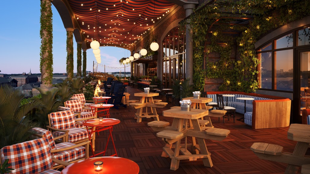 Graduate by Hilton Auburn AL, Rendering Rooftop, plaid chair, outdoor seating, string lights, restaurant