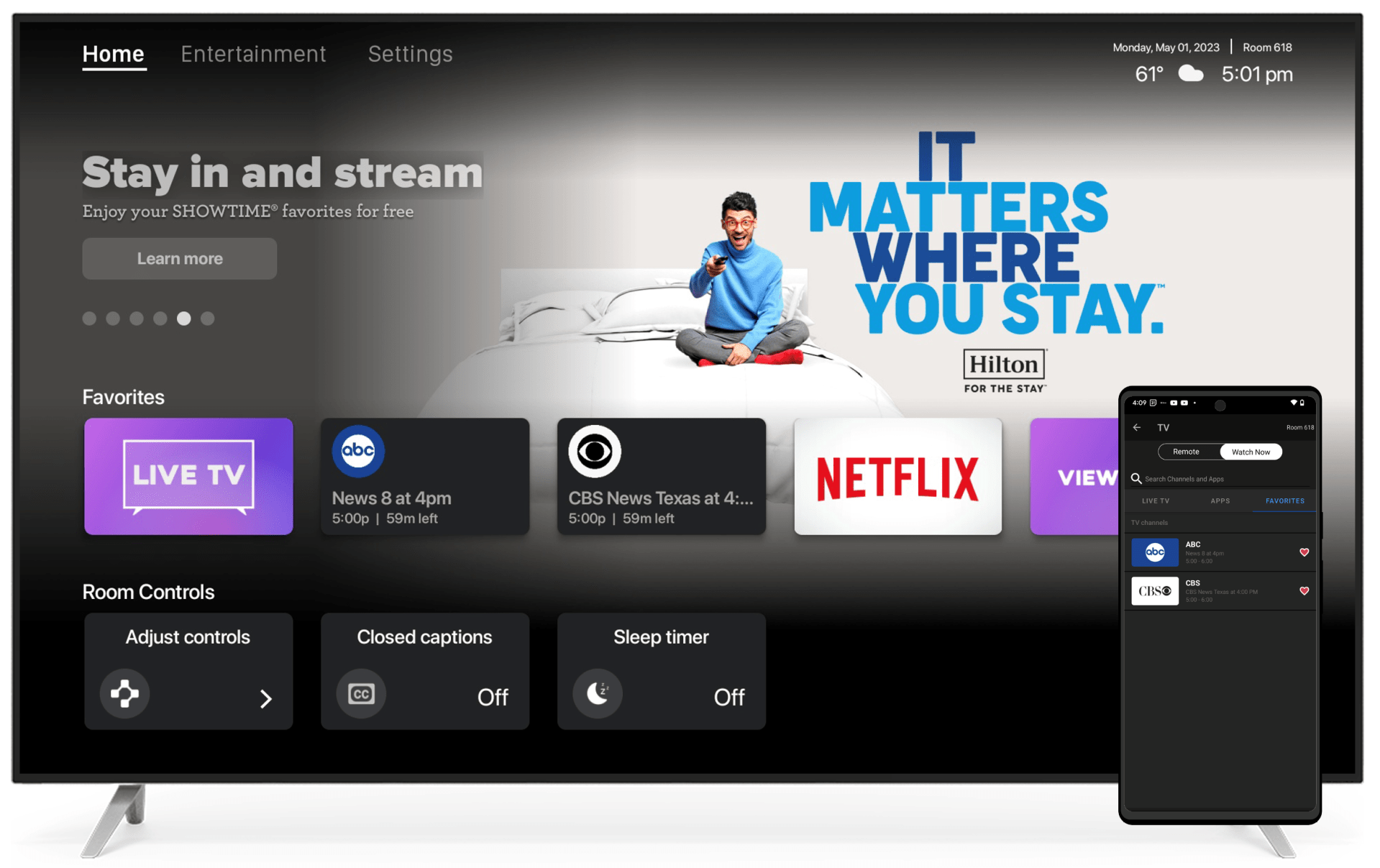 tv screen with Hilton connected experience UI, viewing options for live tv, news, Netflix and more