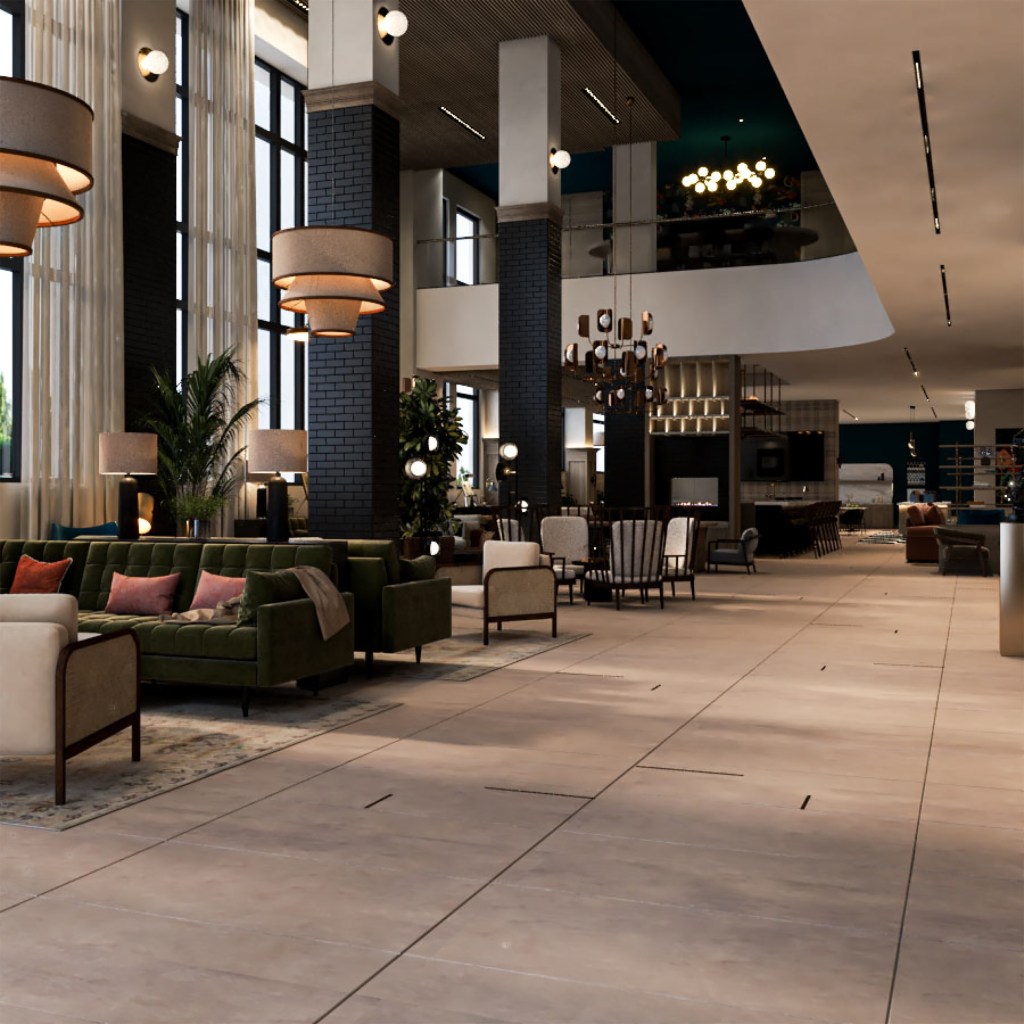 Lobby with couches, tables, chairs, chandeliers