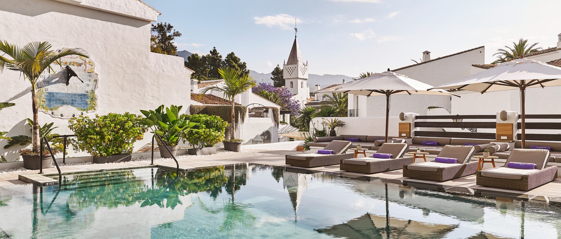 pool, umbrella, lounge chairs, palm trees, Nobu Hotel Marbella (SLH)