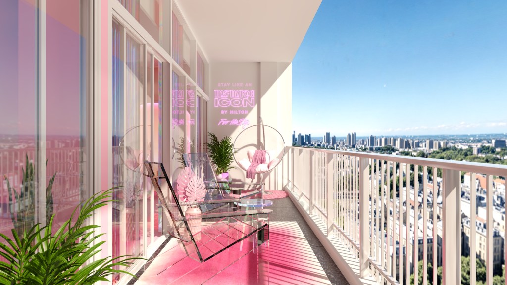 Stay Like An Infinite Icon - Hilton For the Stay - Suite Rendering - Balcony overlooking the city with pink accents and translucent chairs