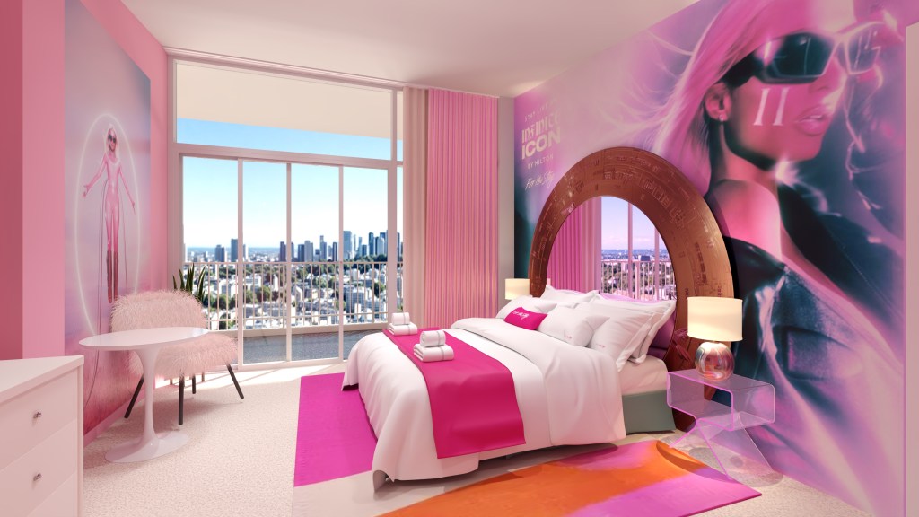 Stay Like An Infinite Icon - Hilton For the Stay - Suite Rendering - Bedroom with city view, Bed with pink and white bedding, Paris Hilton wall murals, colorful pink, white, and metallic design accents