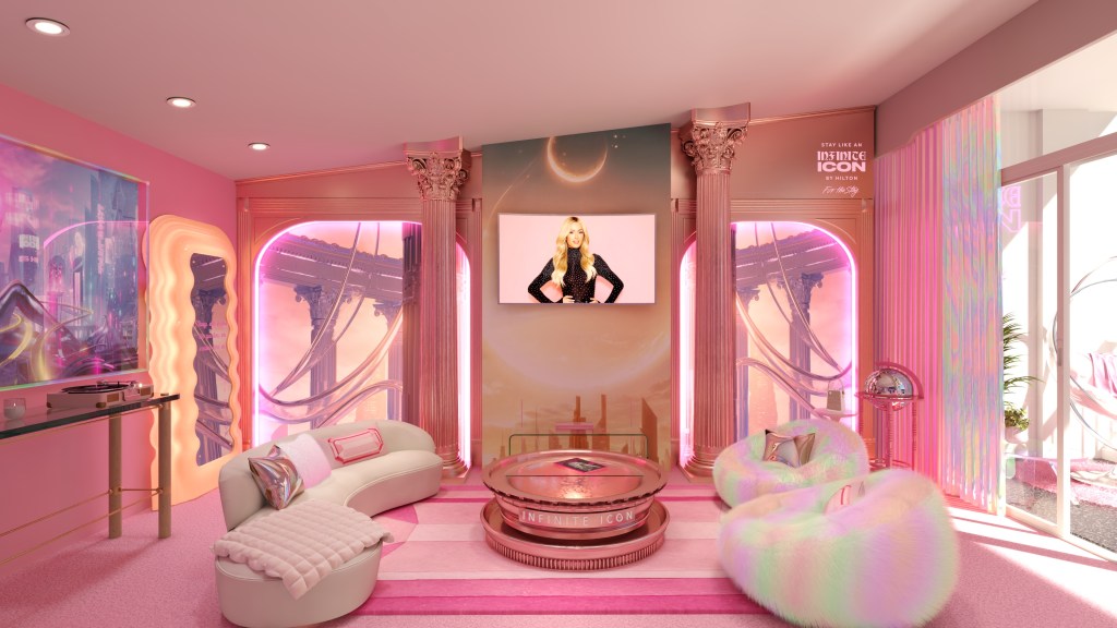 Stay Like An Infinite Icon - Hilton For the Stay - Suite Rendering - Living Room with pink and metallic accents