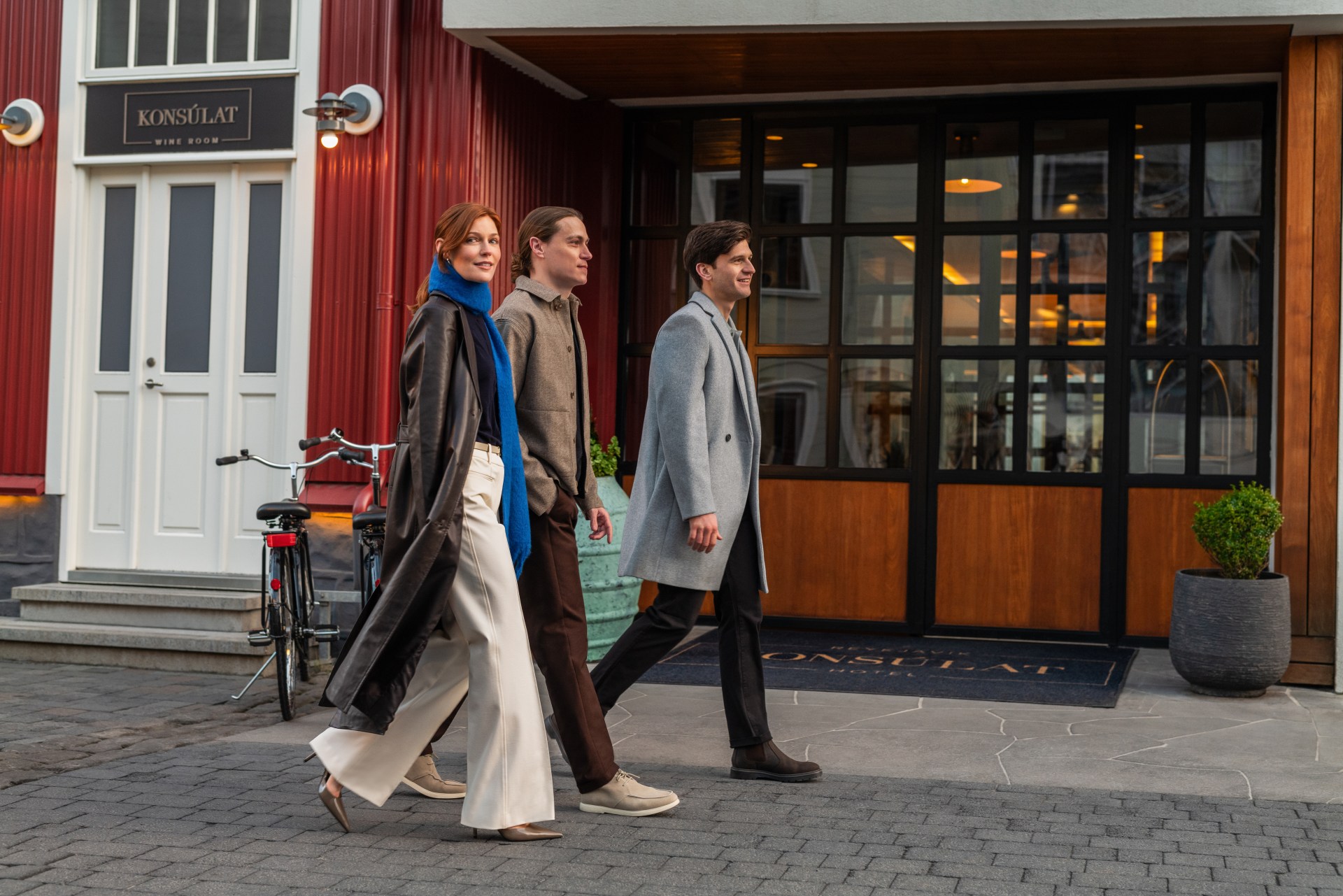 Sidewalk, Walking, Bicycle, blue scarf, grey jacket, black jacket, planter, Reykjavik Consulate Hotel, Curio Collection by Hilton, Reykjavík, Iceland