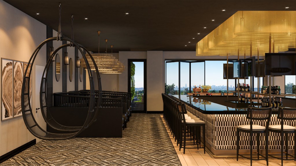 Tempo by Hilton Raleigh Downtown - Rooftop bar Rendering, bar area and bar high chairs, seating and windows with view of the city