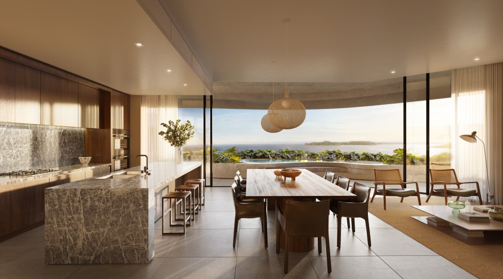 Waldorf Astoria Residences Costa Rica Cacique Living Room - kitchen, large dining table, seating area and window overlooking a pool and Ocean