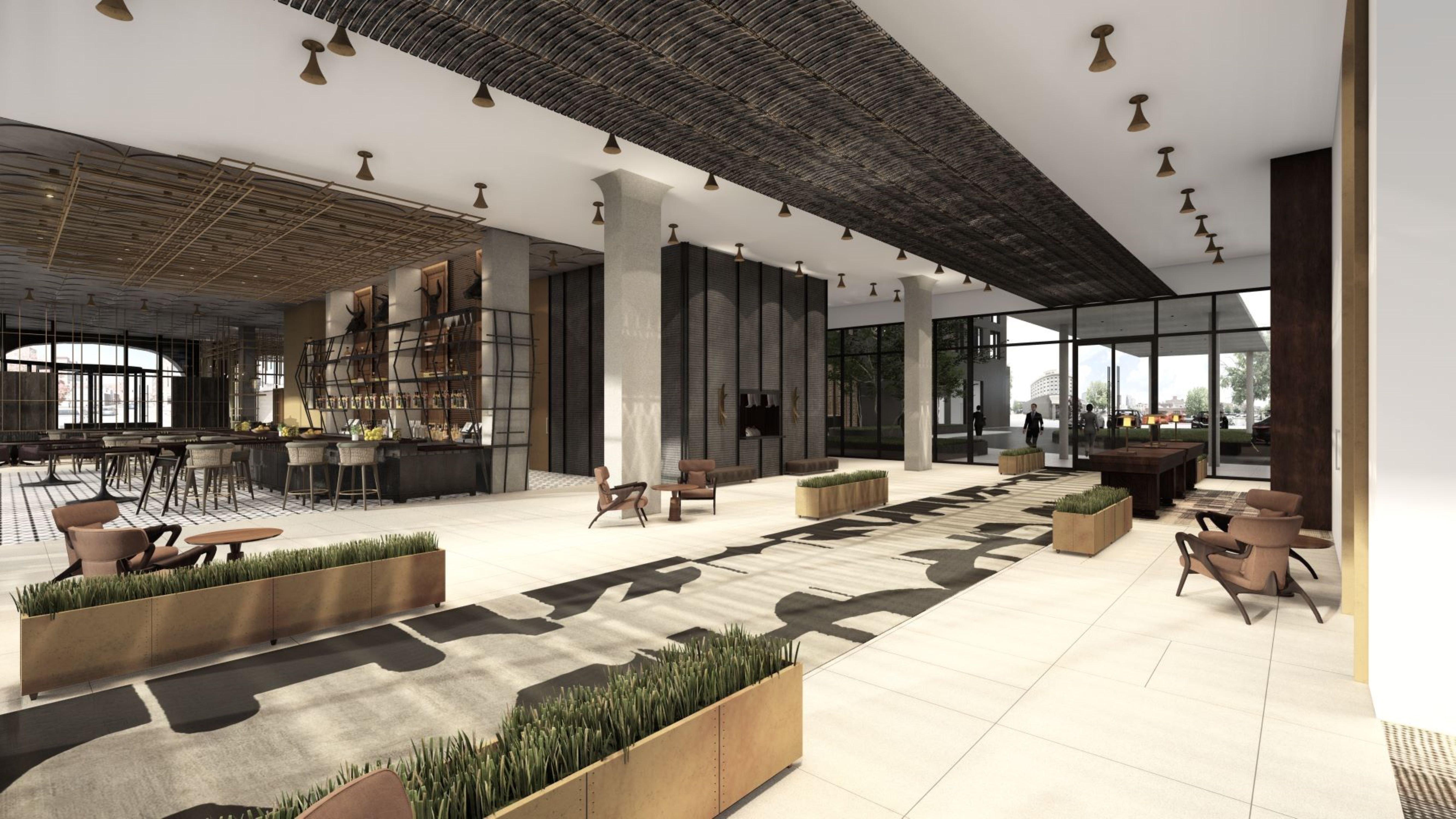 Canopy by Hilton Louisville Downtown - rendering of Lobby, entrance and seating area off to the side with fireplace and area for food to be served