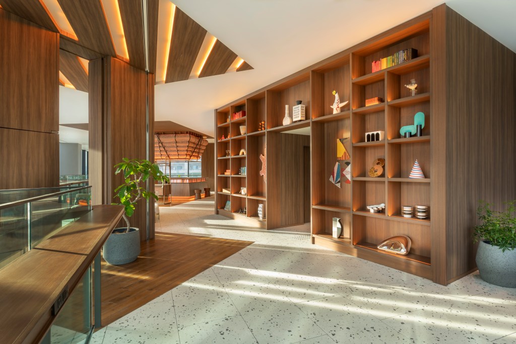 lobby rendering with benches and decorative shelves