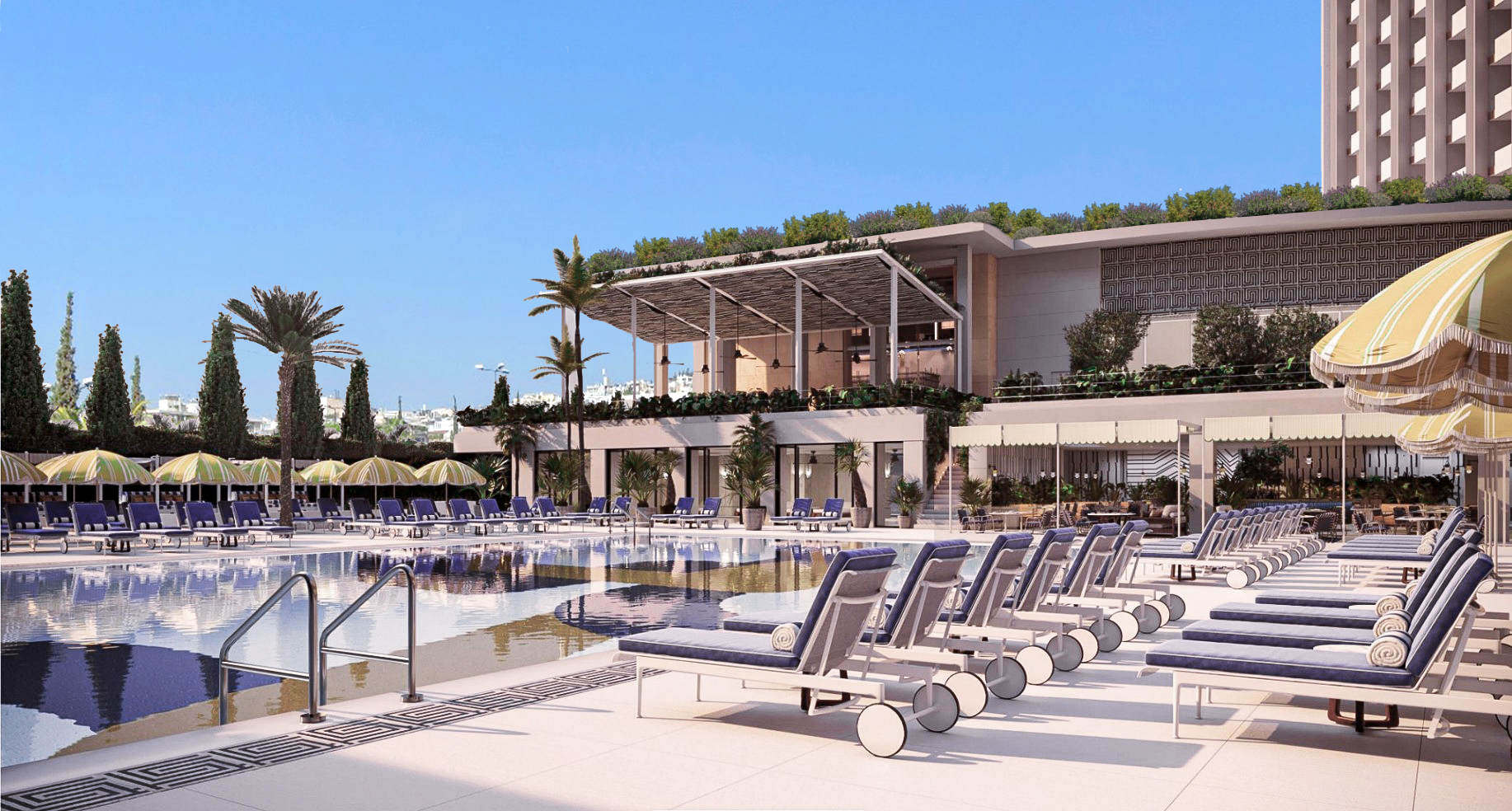 Conrad Athens The Ilisian - Pool landscape, pool chairs and umbrellas all around, palm trees, hotel exterior