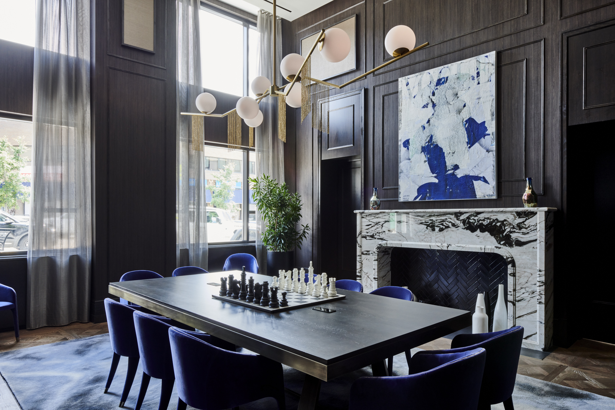 Daxton Hotel Birmingham, Curio Collection by Hilton, Wine Room Event Space, chess, fireplace