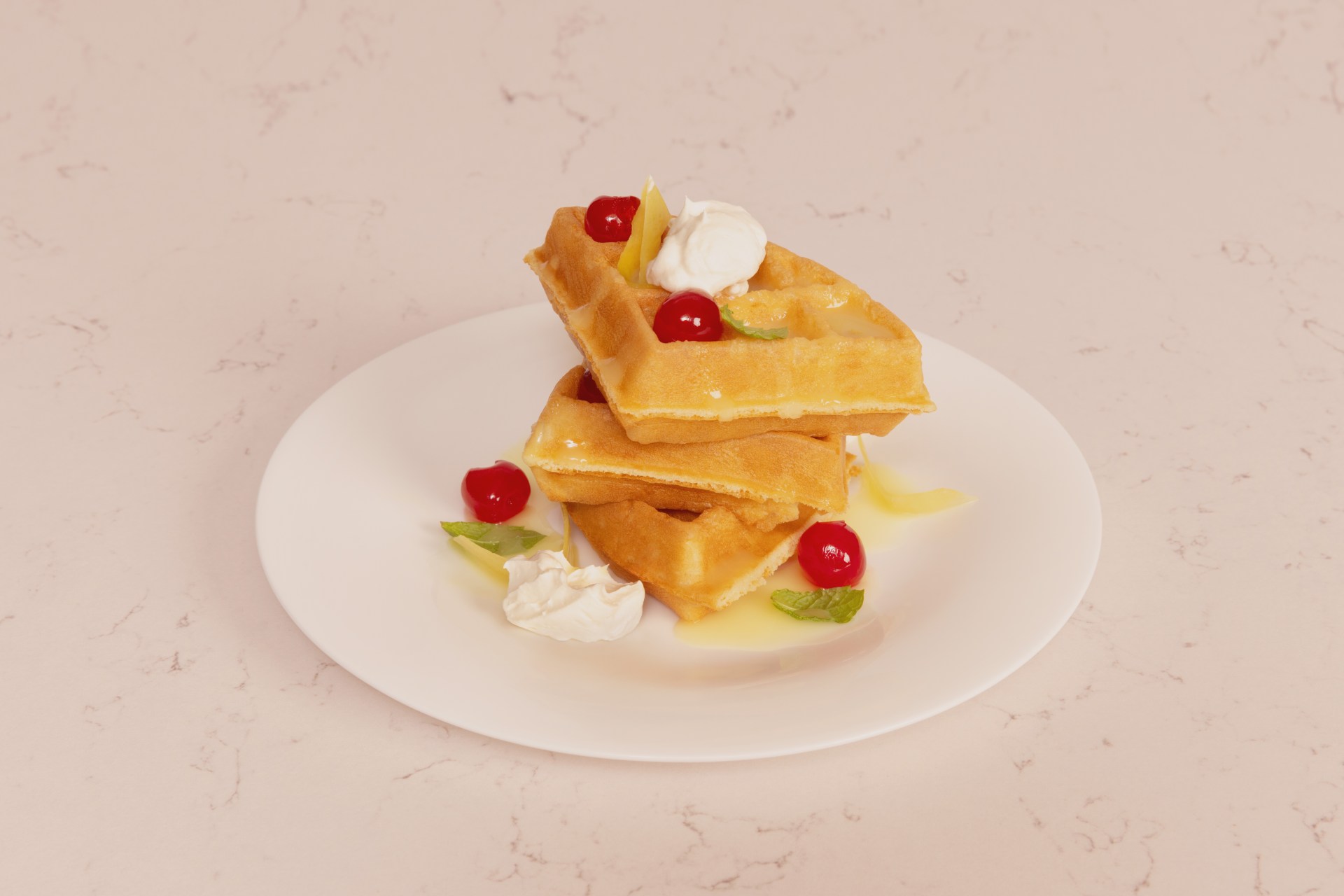 The Lemon Waffle - Hampton by Hilton Waffle stacked up, topped with cherries and whipped cream