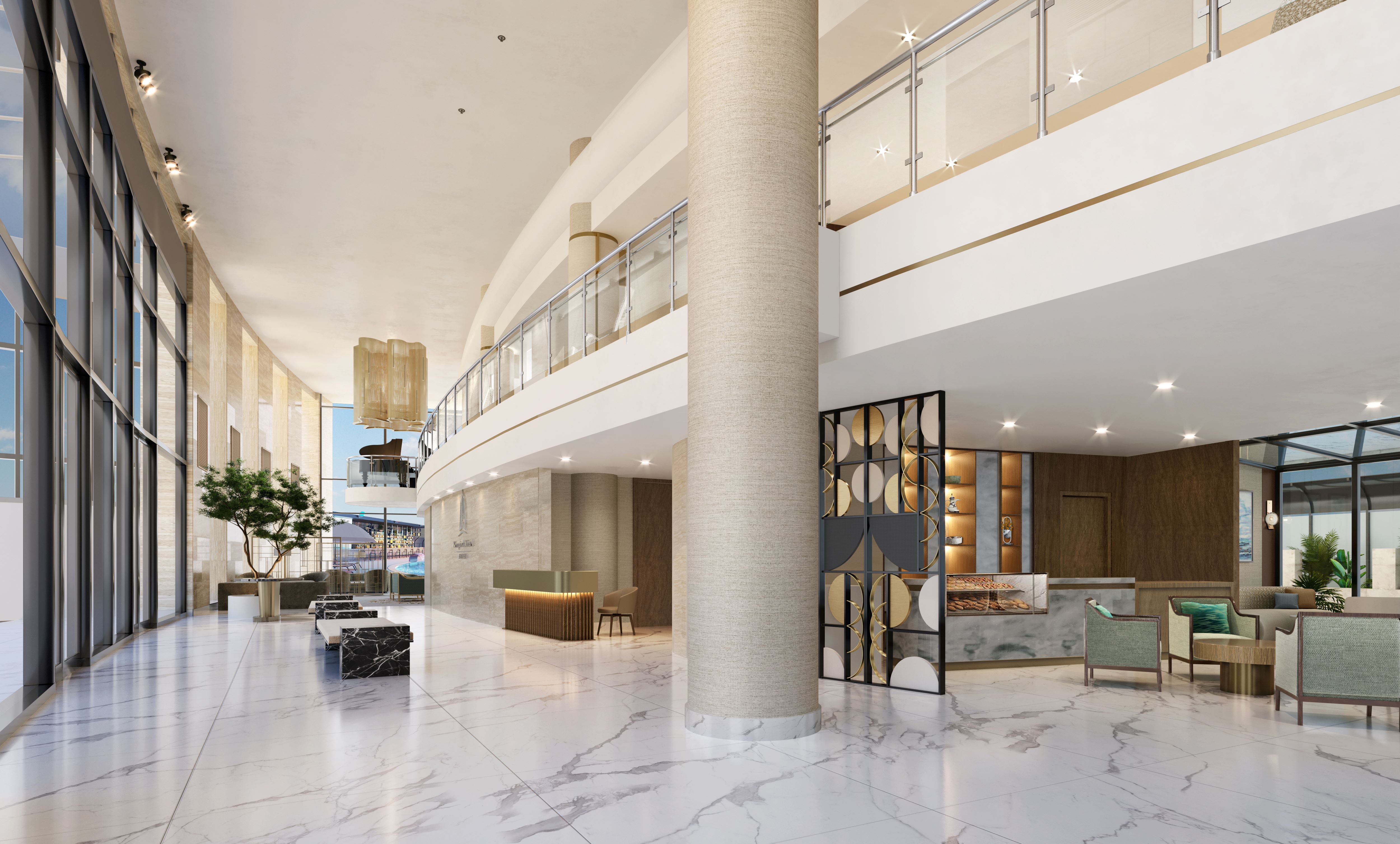 Signia by Hilton Amman - Lobby and Lounge, lobby area with marbled tile floor, columns, second floor balcony, seating area, tree