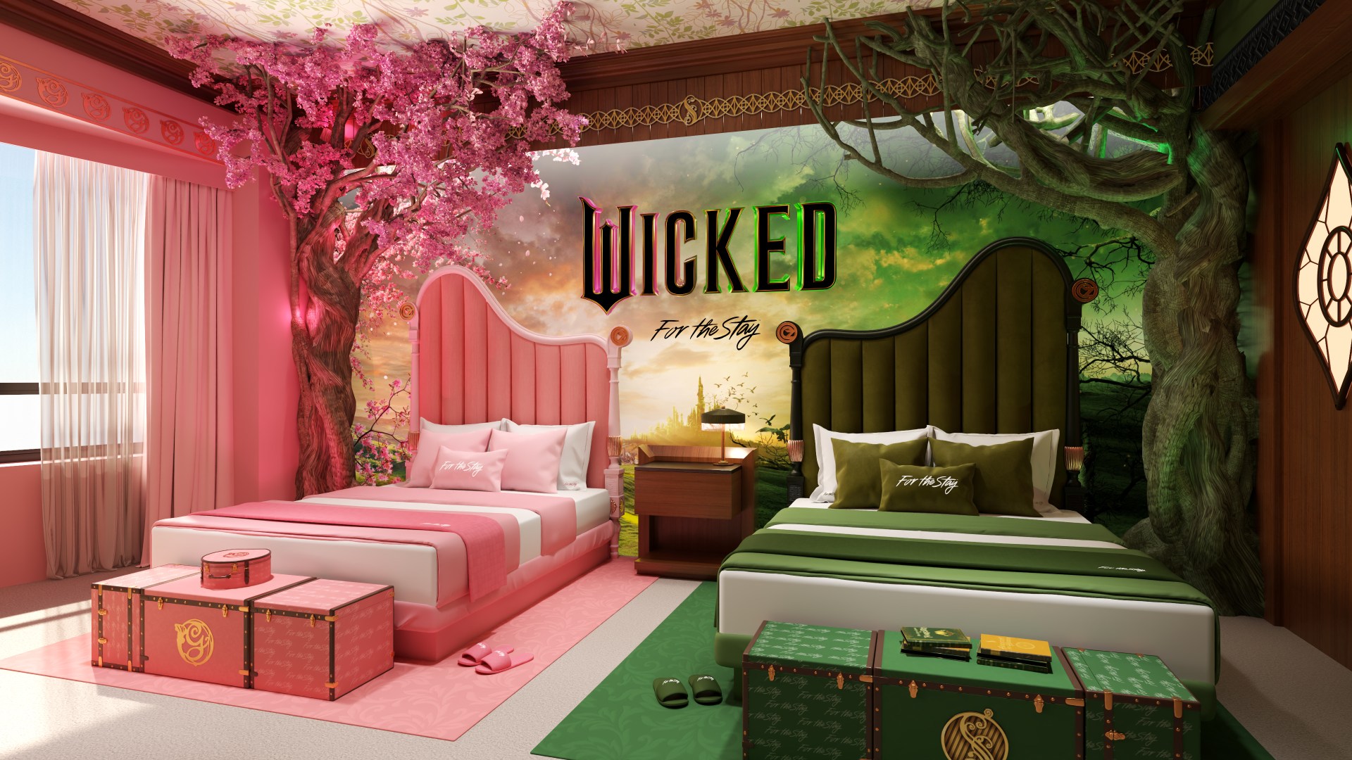 two beds - pink side of room and green side of room, Wicked movie logo in center