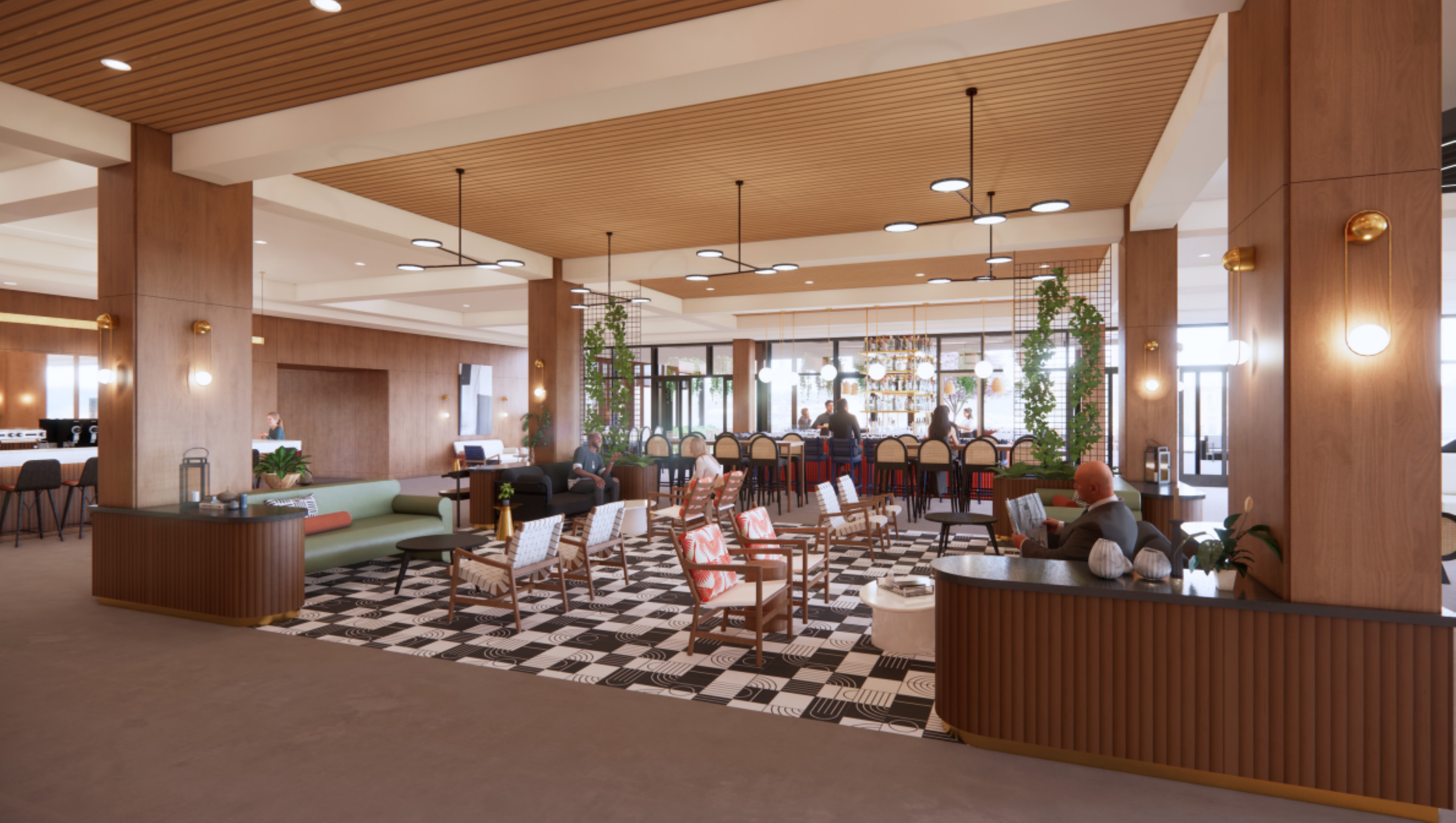 rendering of The Printing House Hotel Nashville, Tapestry Collection by Hilton featuring lobby and bar area with black and white tile floor, and a variety of tables and chairs