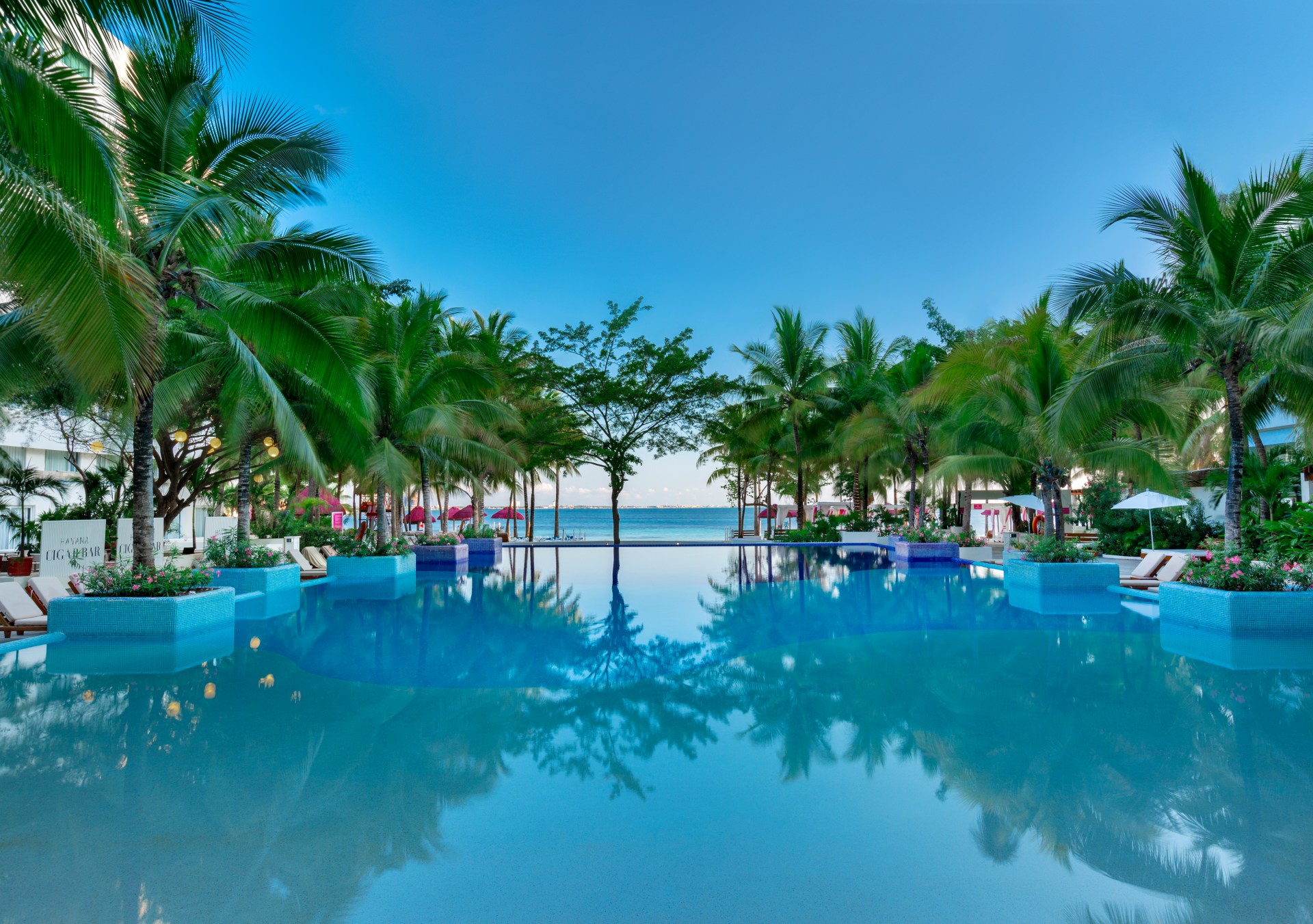 The Sens Cancun Adults Only All-Inclusive Resort, Tapestry by Hilton, Pool area, palm trees, waterfront, lounge chairs, poolside, infinity pool