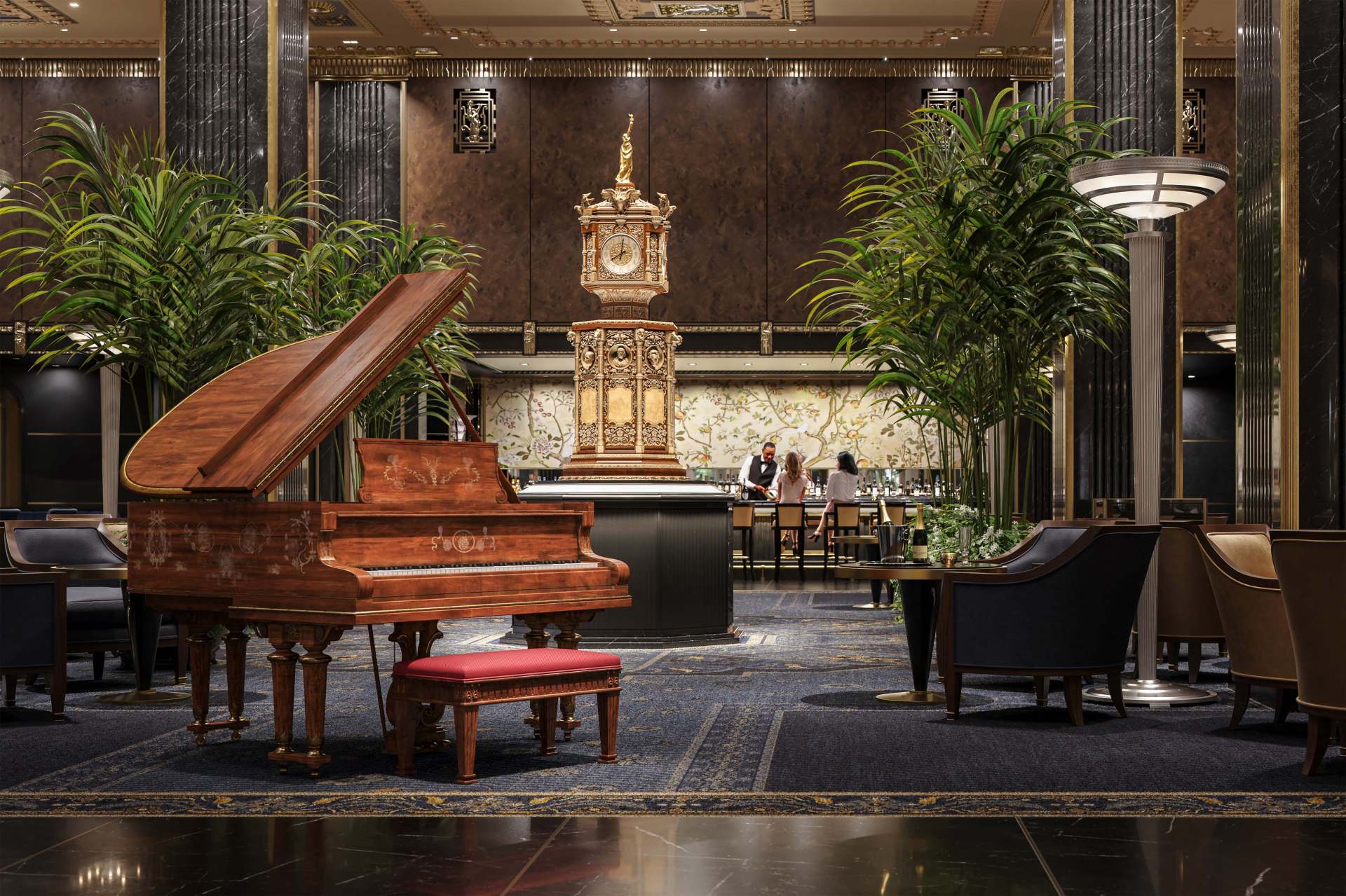 Waldorf Astoria New York Rendering - lobby and bar area with grand piano and people at the bar being served by a bartender, golden clock statue in the center surrounded by arm chairs and plants