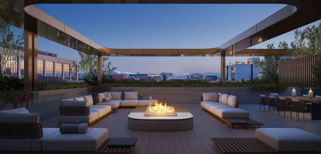 Waldorf Astoria Residences Denver Cherry Creek, Rooftop Lounge, Firepit, lounge furniture, outdoor seating, rooftop view