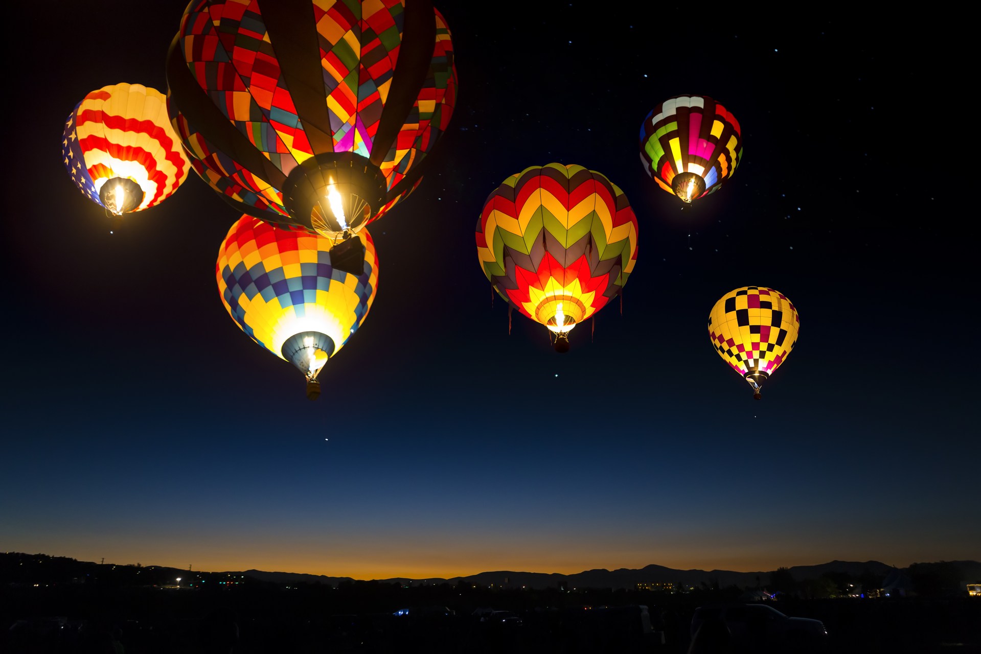 Colorful, Hot, Air, Balloons, At, Dawn, Lit, Up, In, The, Sky