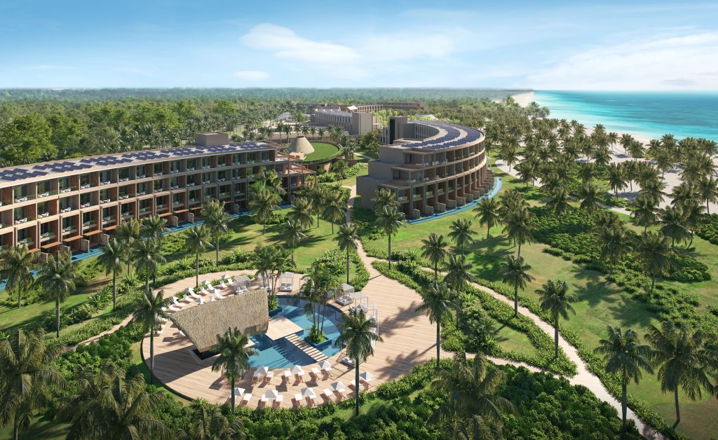 Zemi Miches All-Inclusive Resort, Curio Collection by Hilton - aerial rendering overlooking pool, hotel, ocean and palm trees