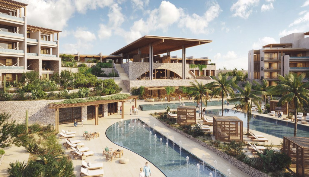 Conrad Los Cabos - Main Pool Rendering, hotel overlooking pool area with fountains, lounge chairs and cabanas