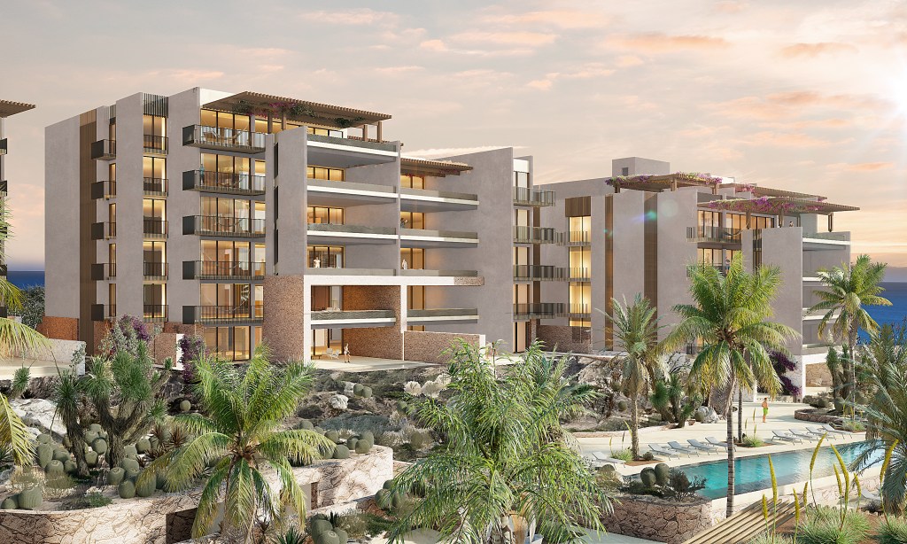 Conrad Los Cabos - Residences Rendering - buildings, pool, palm trees