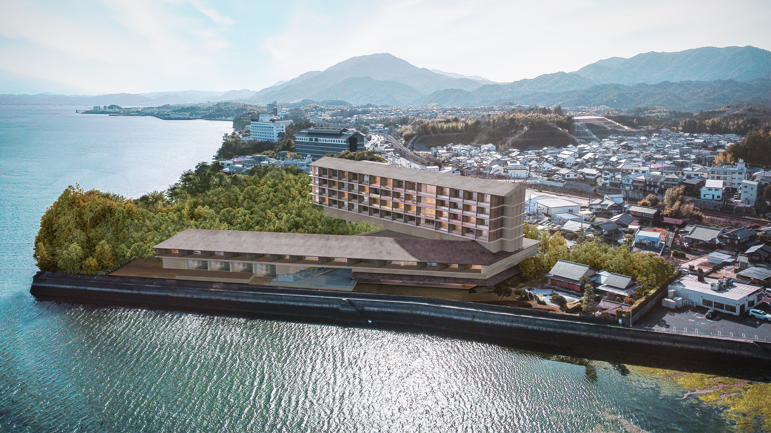 LXR Hotels & Resorts – Miyajimaguchi - Property Rendering - Modern multi-story building complex surrounded by dense trees on a waterfront, with town and mountains in the background.