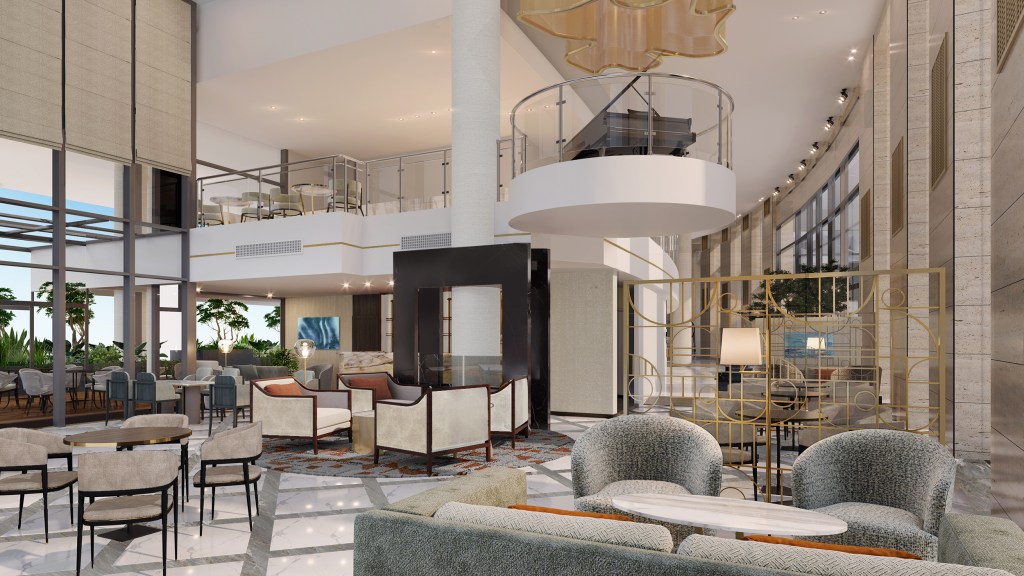 Signia by Hilton Amman - Rendering, lobby seating area with various tables and chairs view of second floor with grand piano