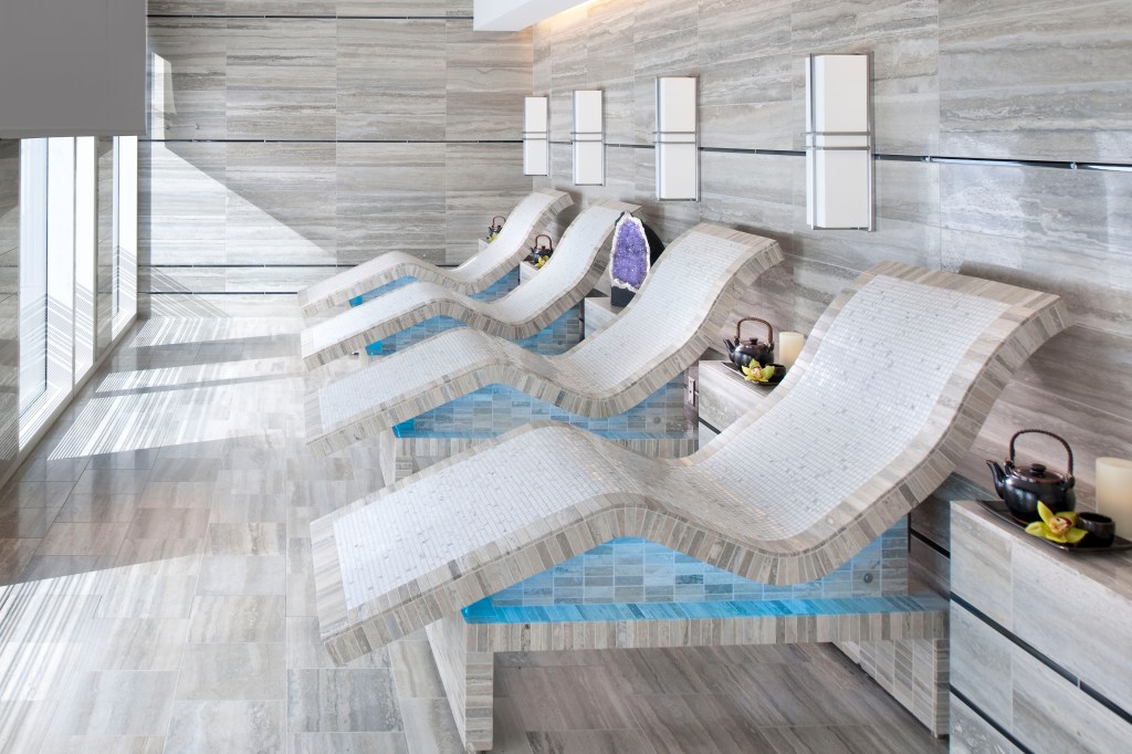 Waldorf Astoria Las Vegas, Spa Tepidarium Chairs, Lounge chairs, tea pot, tea cup, blue light