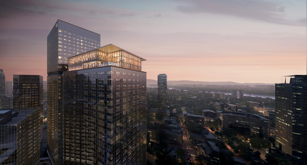 Waldorf Astoria Osaka Rendering - view of top of hotel from an adjacent building and view of city at dusk