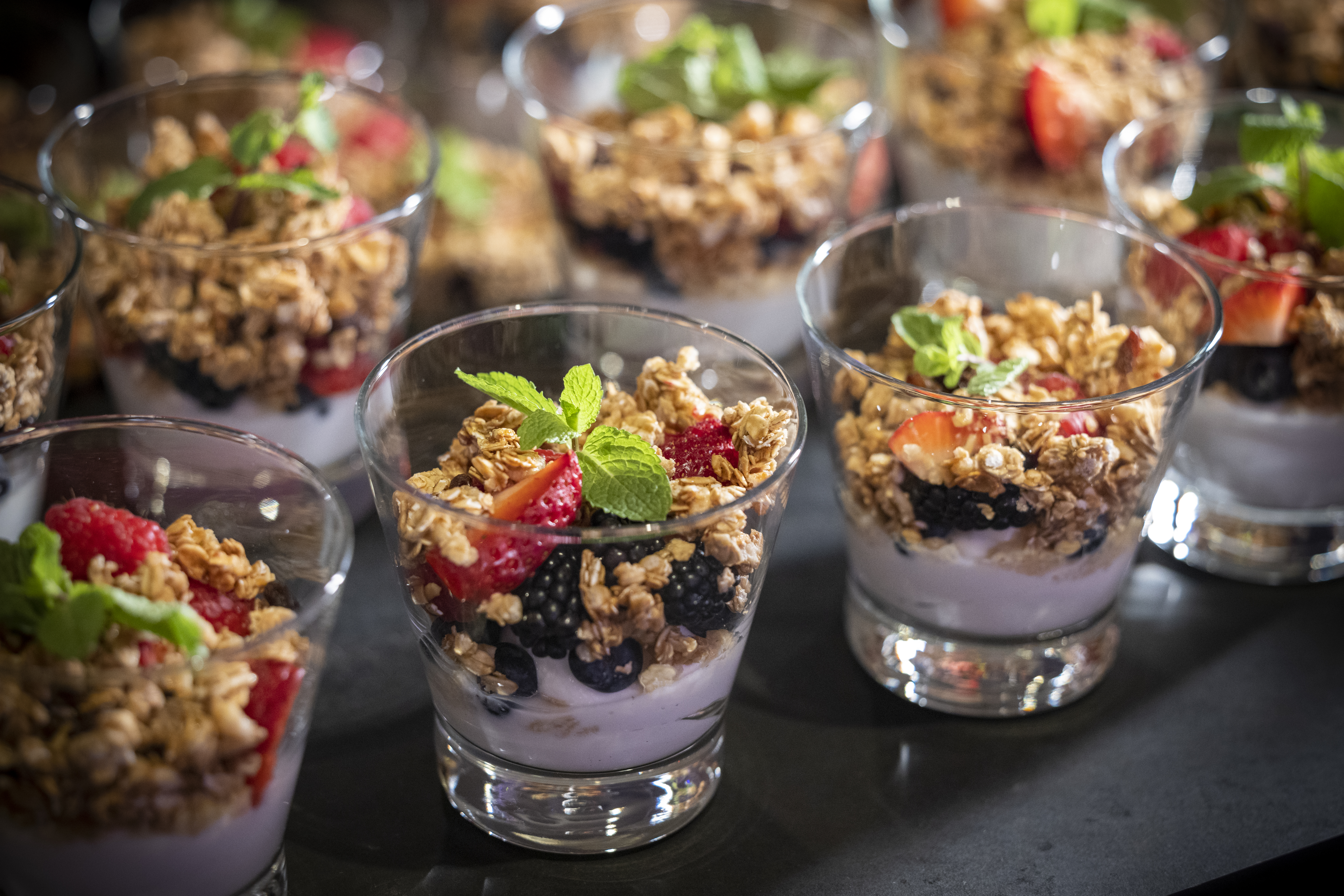 Attendees Seek Steps for a Stress, Free Start, Menus, Hilton Live NYC, Parfaits, Fresh Fruit, granola, strawberries, fresh mint, blackberries, yogurt