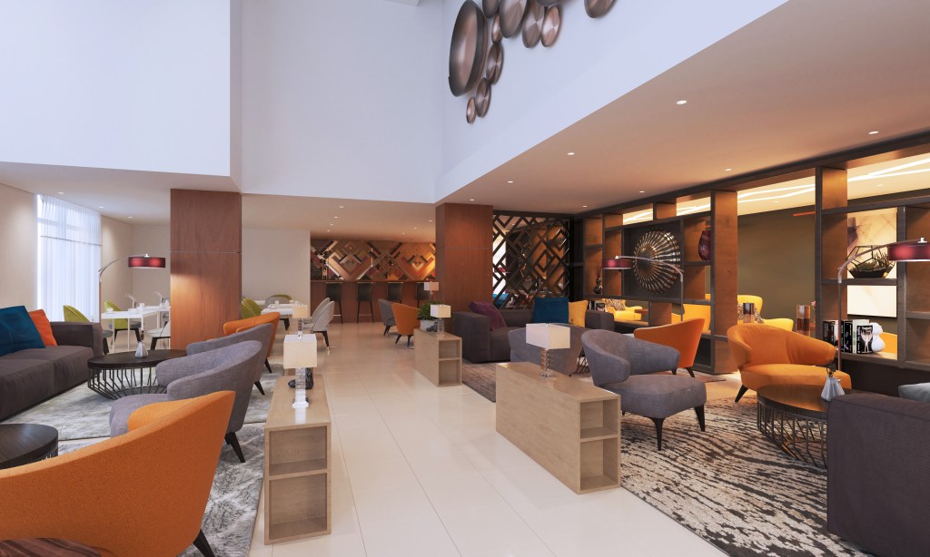 DoubleTree by Hilton Addis Ababa Airport, Cafe, seating area, orange seats, gray seats, lamps, wooden shelves, hanging artwork, bar seating,