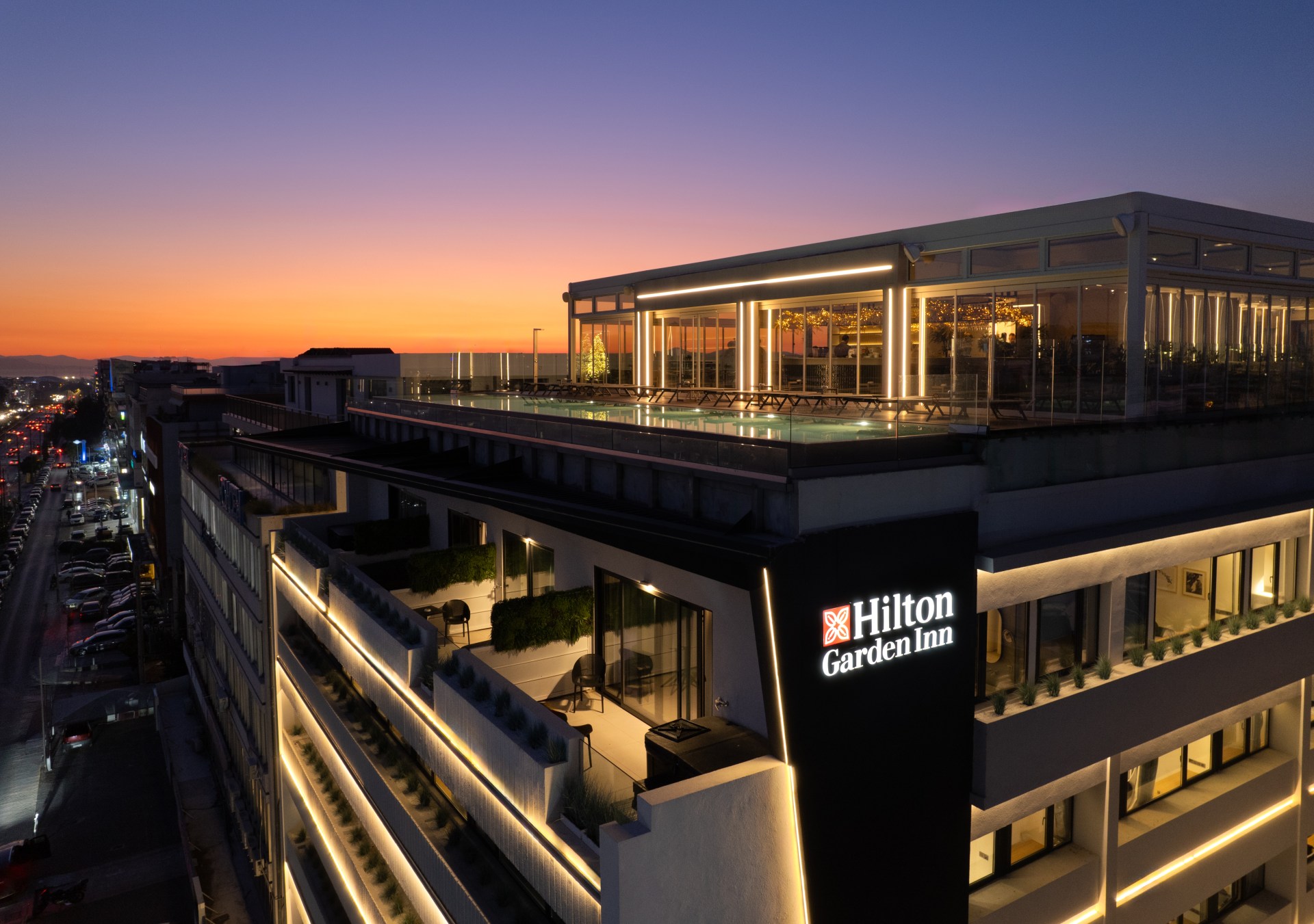 An aerial photo of the Hilton Garden Inn in Athens, Greece
