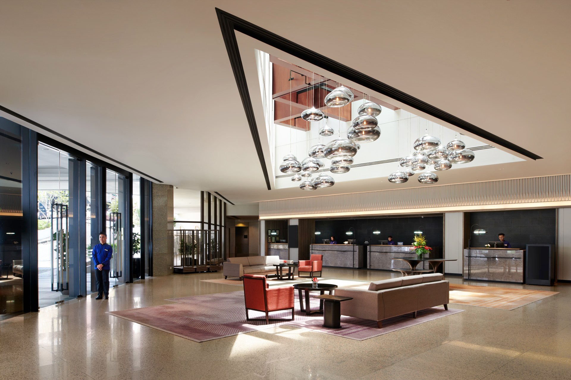 Hilton Kuching, Main Lobby, Pendant lighting, skylight, sitting areas, receptionist counters