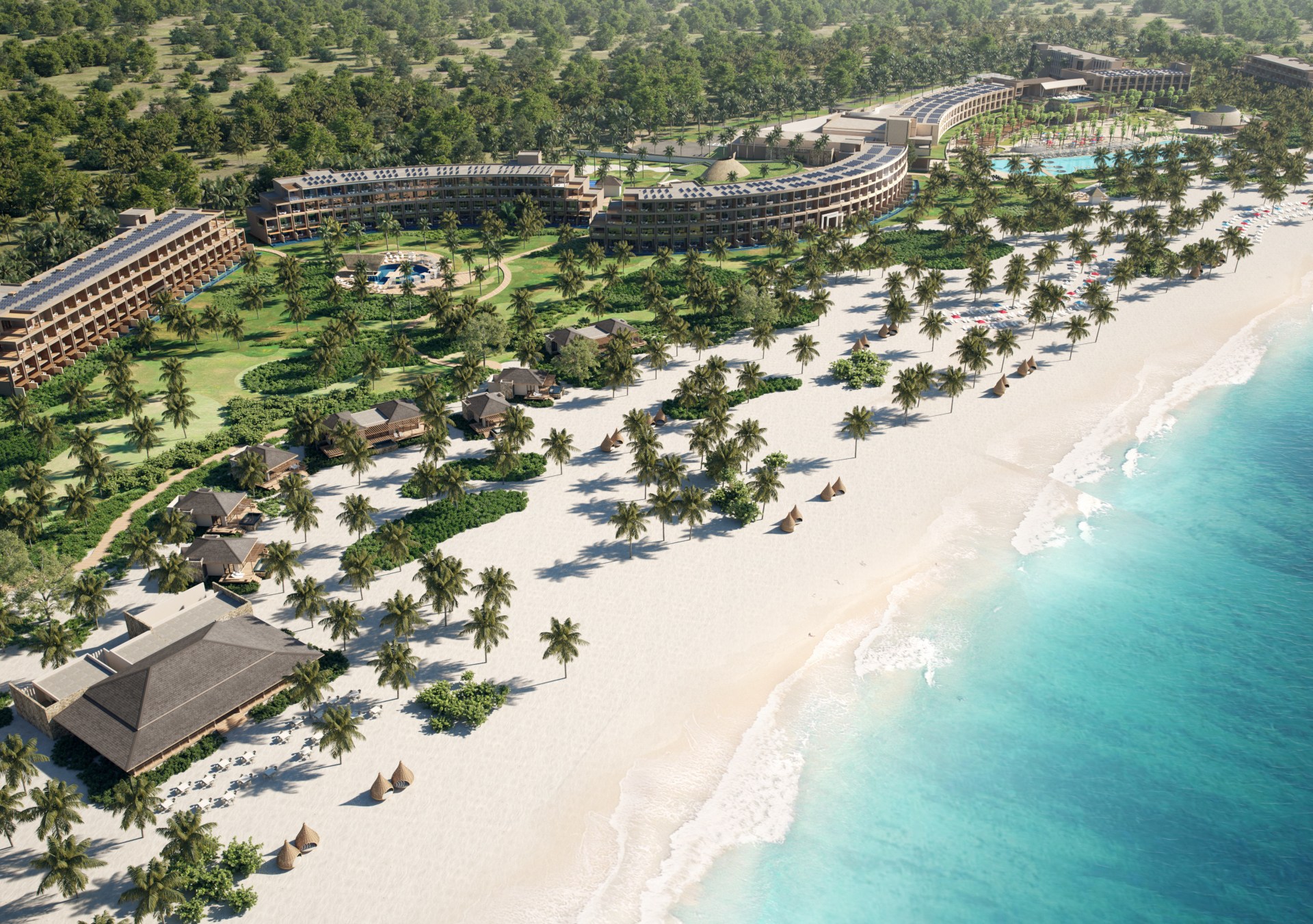 An overhead photo of the Zemi Miches All-Inclusive Resort on the beach at Playa Esmeralda in the Dominican Republic