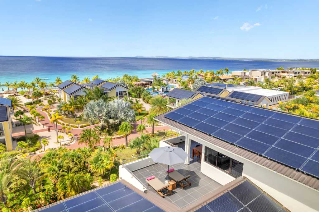 Delfins Beach Resort Bonaire, Tapestry Collection by Hilton, Seaview, rooftop, palm trees, brick sidewalks, pool, grey umbrella, solar panels