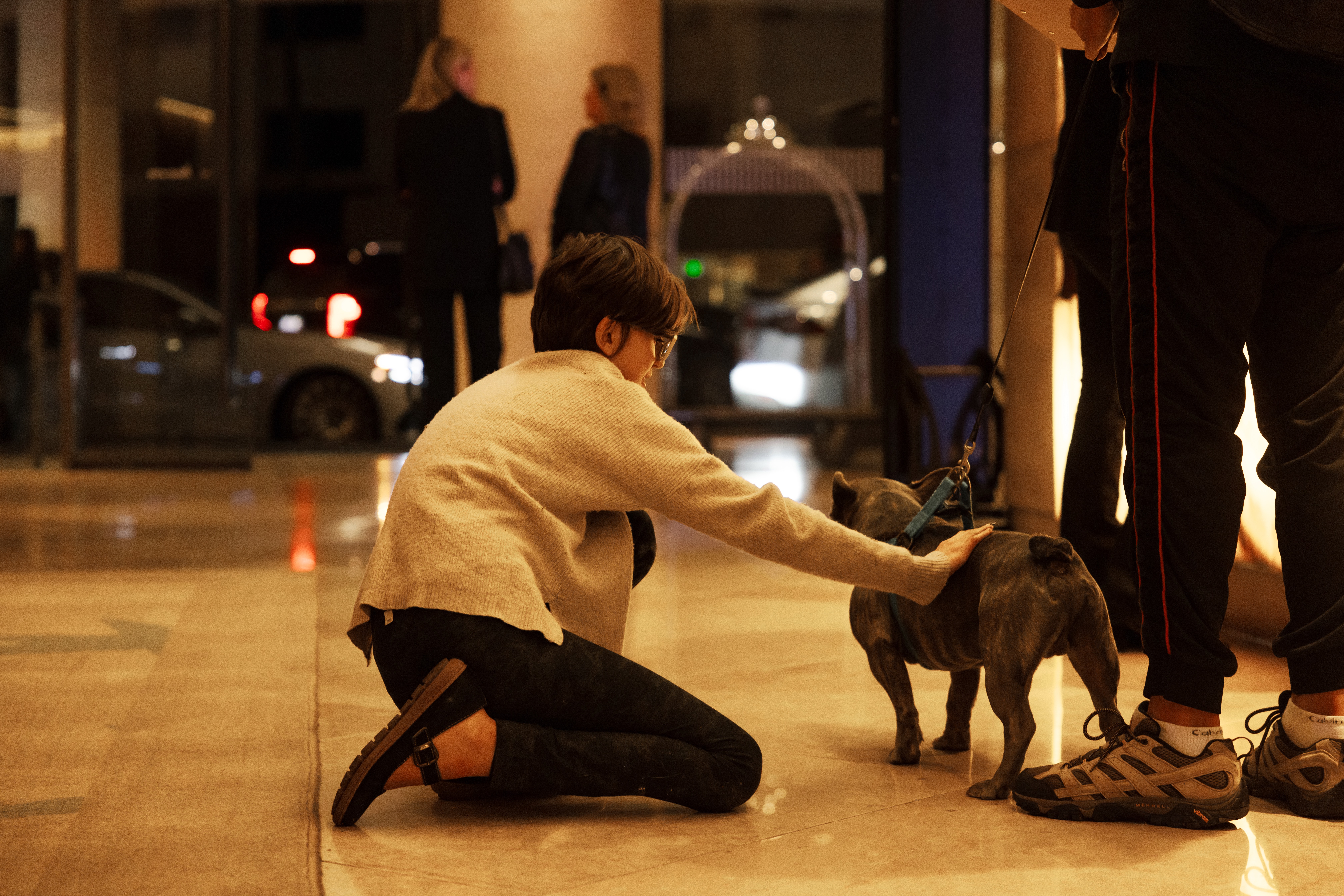 young guest pets a dog at The Beverly Hilton - Hilton Partners with American Express and 211 LA to Aid Los Angeles Wildfire Victims