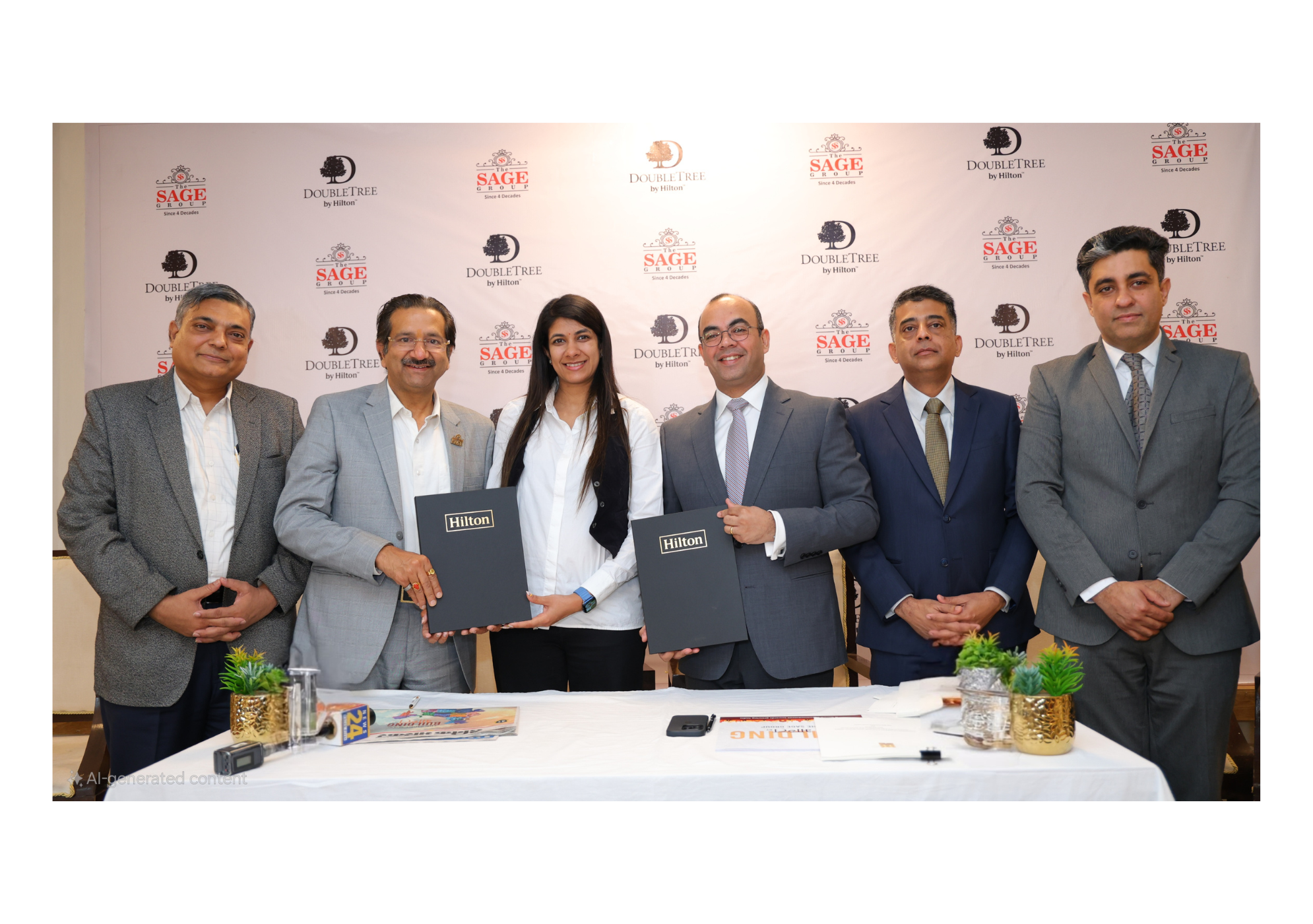 Hilton Signs its First DoubleTree by Hilton in Bhopal with the Sage Group (L-R) – Dr Prashant Jain, pro-chancellor Sage University Indore & Bhopal; Er. Sanjeev Agrawal, chairman and managing director of Sage Group; Shivani Agrawal, executive director, Sage Global Enterprises Pvt. Ltd.; Zubin Saxena, senior vice president and regional head, South Asia, Hilton; Jacob Purackal, senior director, development, South Asia, Hilton; Ashish Khanna, director, development, South Asia, Hilton