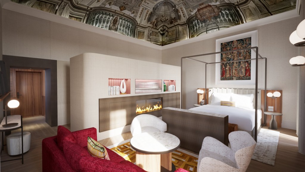 La Rosetta Hotel Perugia, Tapestry Collection by Hilton, Guest Room, fireplace, canopy bed, framed artwork, globe sconce lighting, globe table lamp, round coffee table, white lounge chair, red couch, ceiling design, wall niche with color accent, night stands