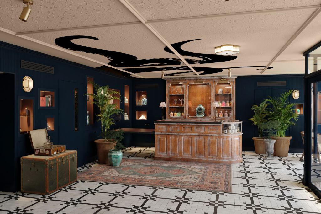 The Marcus Portrush, Tapestry Collection by Hilton, Lobby, ceiling art, ceiling light, chest, sconce lighting, navy walls, tiled floors, potted plants, rustic shelf, art recessed shelf display