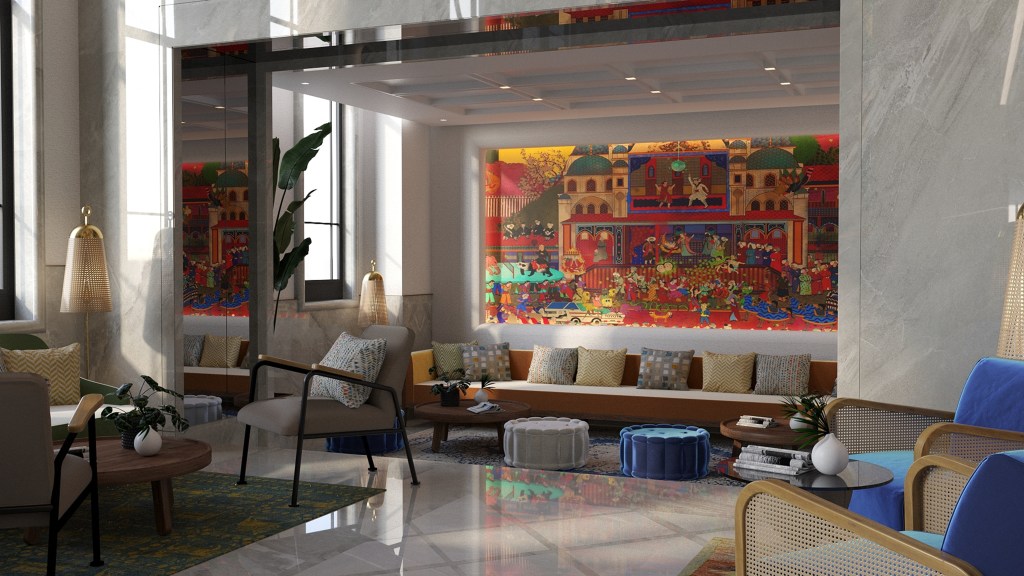 The Ritus Hotel Istanbul Sultanahmet, Tapestry Collection by Hilton, Lobby, wall art, decorative pillows, lounge seating area, gold floor lamps, marble walls, blue pouf ottoman, grey pouf ottoman, wooden coffee tables, royal blue accent chairs, potted plants