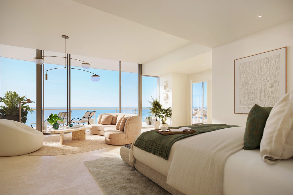 Waldorf Astoria Residences Pompano Beach, Penthouse Bedroom, green throw blanket, green accent pillow, balcony, ocean view, framed artwork, potted plants, pendant light, coffee, table, couch, lounge seating, outdoor lounge chairs