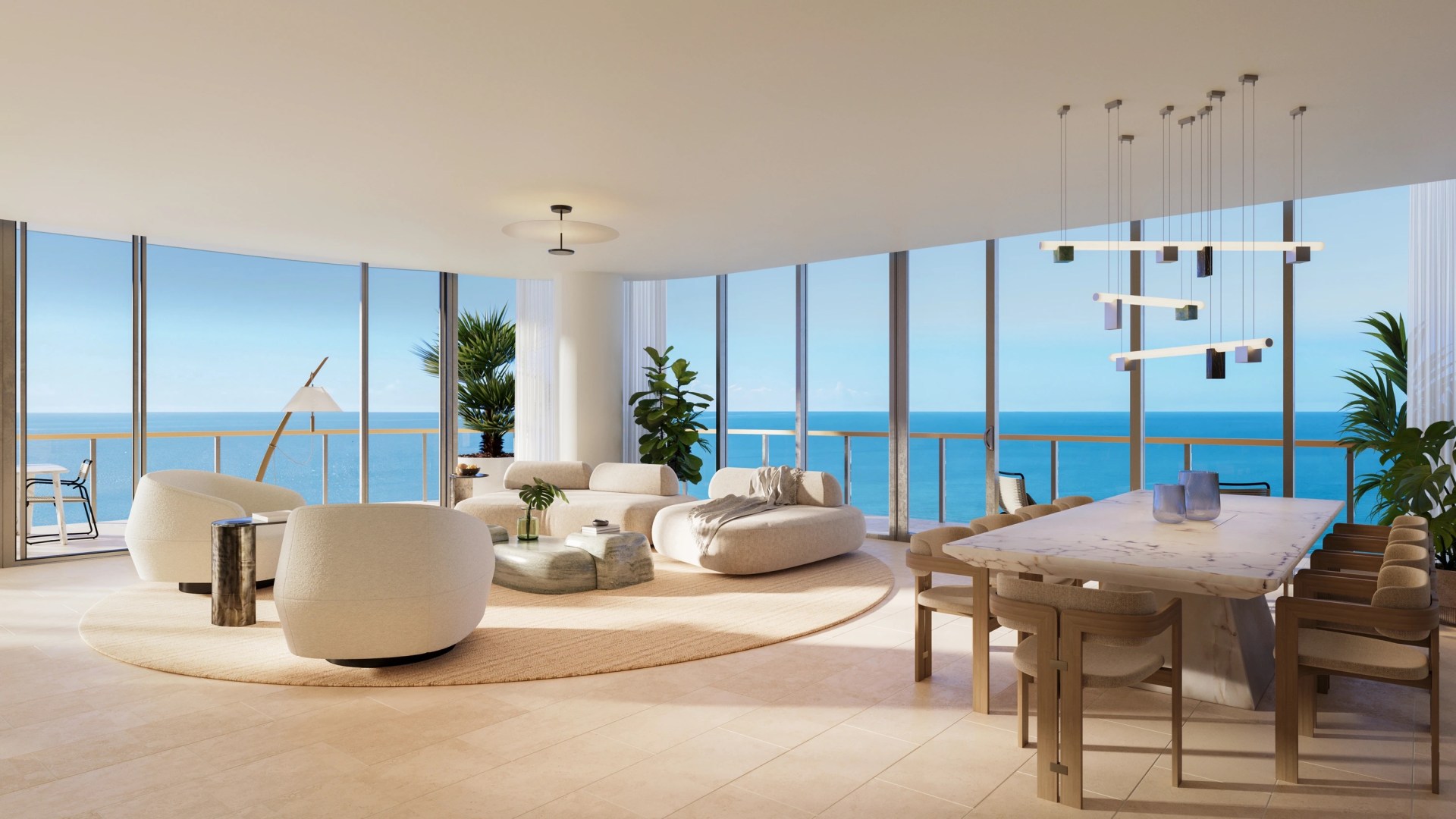 Waldorf Astoria Residences Pompano Beach, Penthouse Living, lounge seating, dining table, pendant lighting, potted plants, ceiling light, floor lamp, ocean view, balcony, dining chairs