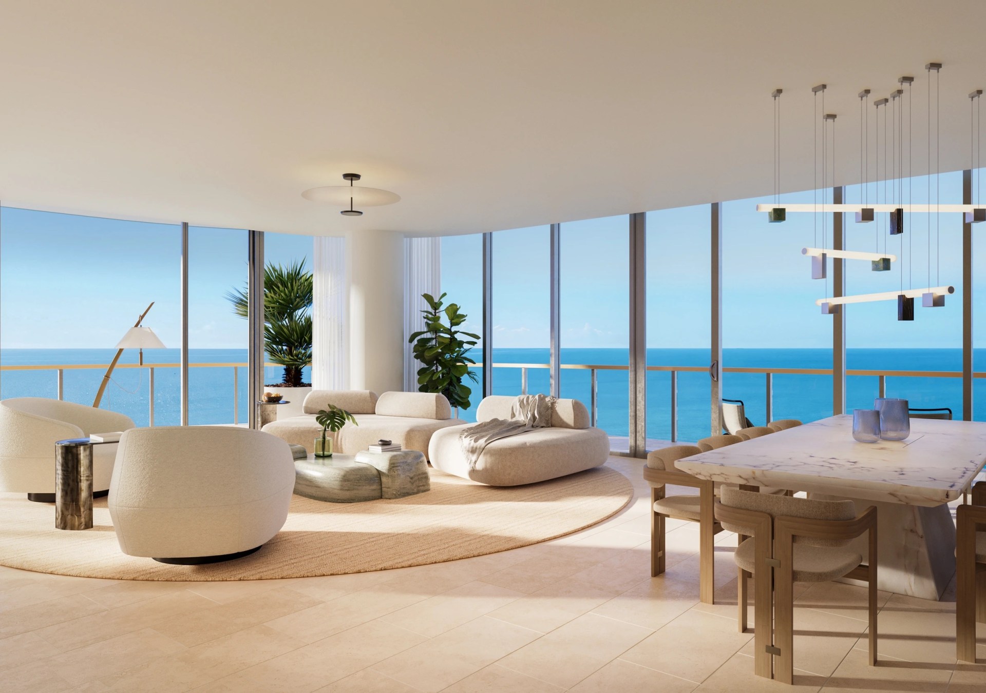Waldorf Astoria Residences Pompano Beach, Penthouse Living, lounge seating, dining table, pendant lighting, potted plants, ceiling light, floor lamp, ocean view, balcony, dining chairs
