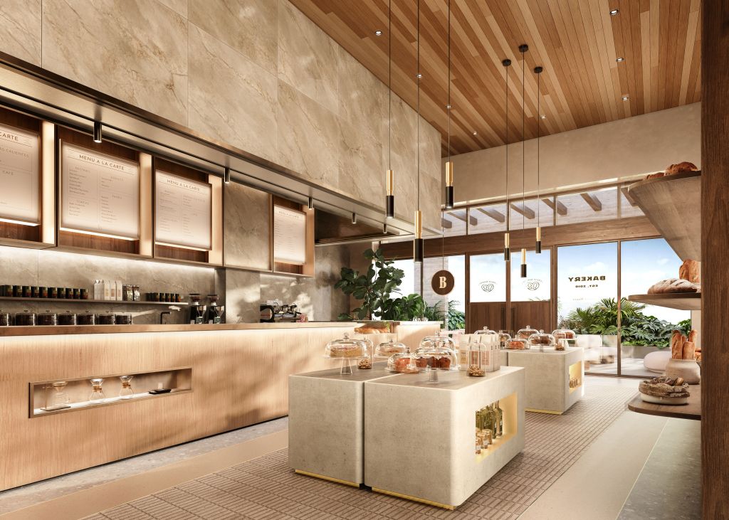 Buena Nota Bakery and Coffee Shop, Waldorf Astoria Costa Rica Punta Cacique, bakery, coffee makers, fresh bread, pastries, pastry dish with lid, food display, baked goods, menu, pendant lighting, wooden shelves, wooden ceiling, tiled wall, espresso machine, coffee bean grinder