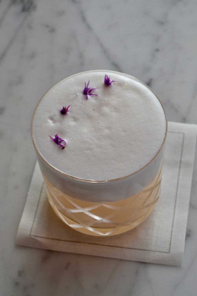 Conrad Washington DC, Kyoto Spring Cocktail, flower garnish, purple flower, shaken egg white cocktail, lowball glass