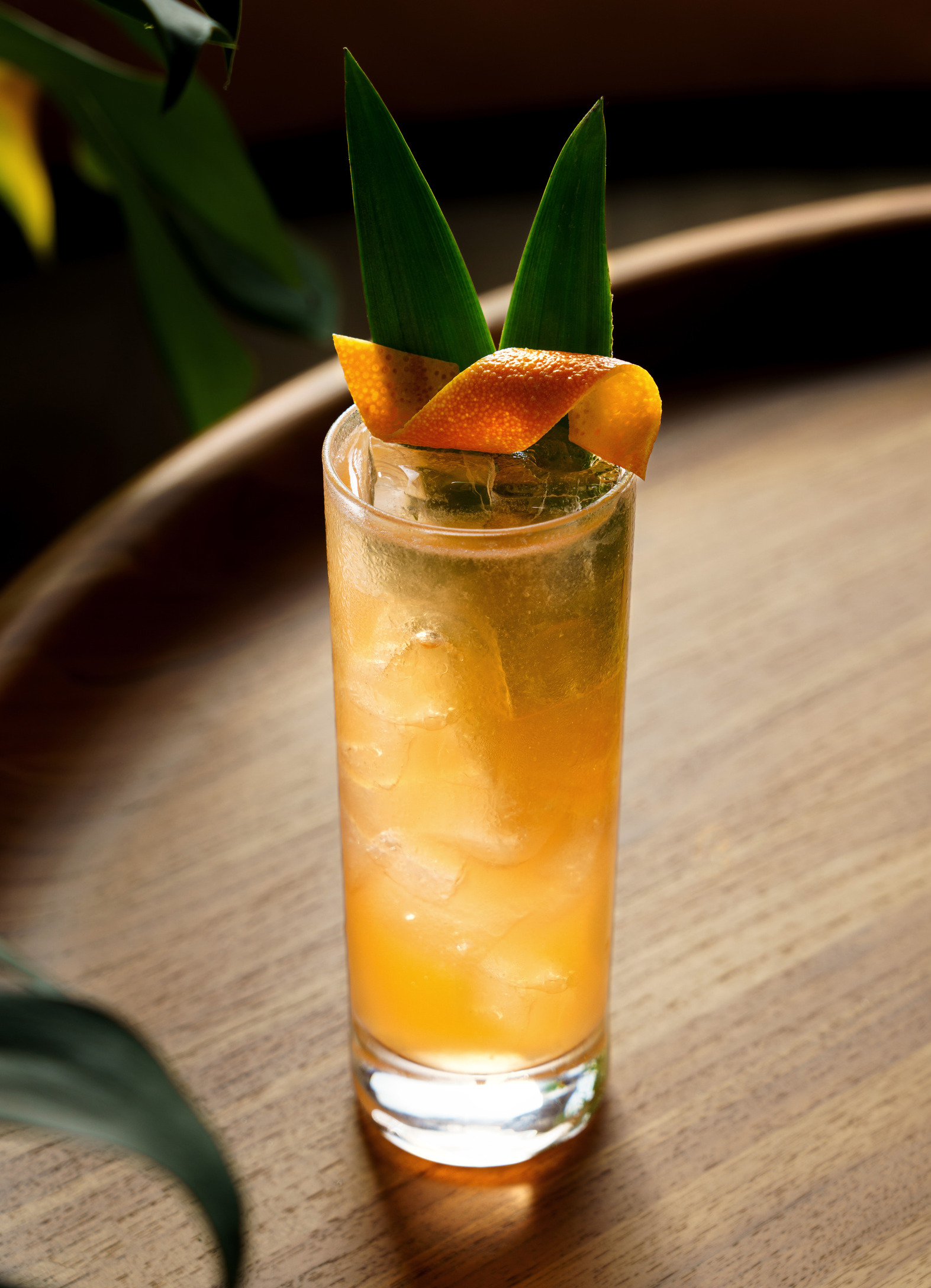 Graduate by Hilton, Crimson Court Fizz, orange peel garnish, green leaf garnish, highball glass, iced beverage